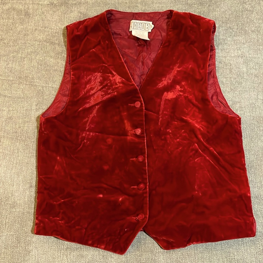 Vintage Jacob red crushed velvet vest, velvet covered buttons size PS 24-140